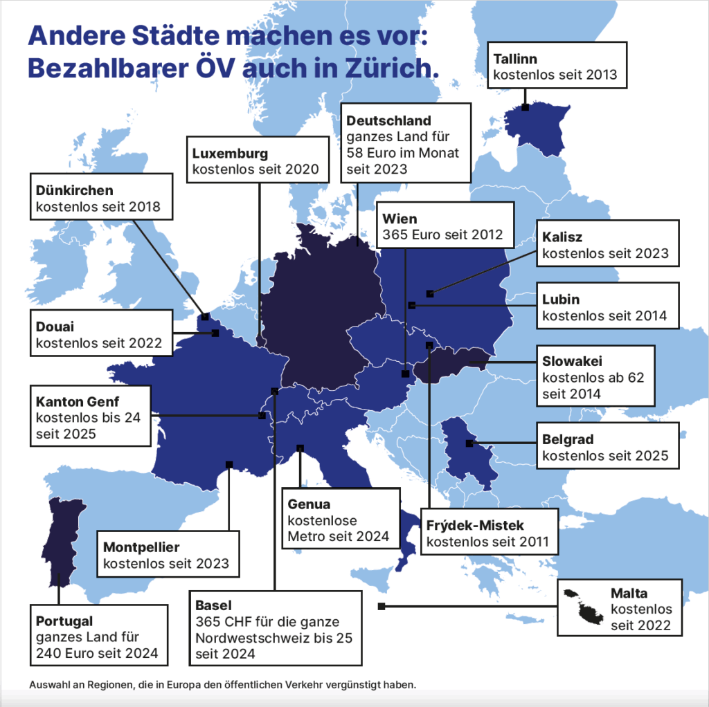 Karte von Regionen in Europa mit ÖV-Vergünstigungen. Ein 365-Franken-Abo für Zürich, wie es Wien schon 2012 eingeführt hat, ist längst überfällig.